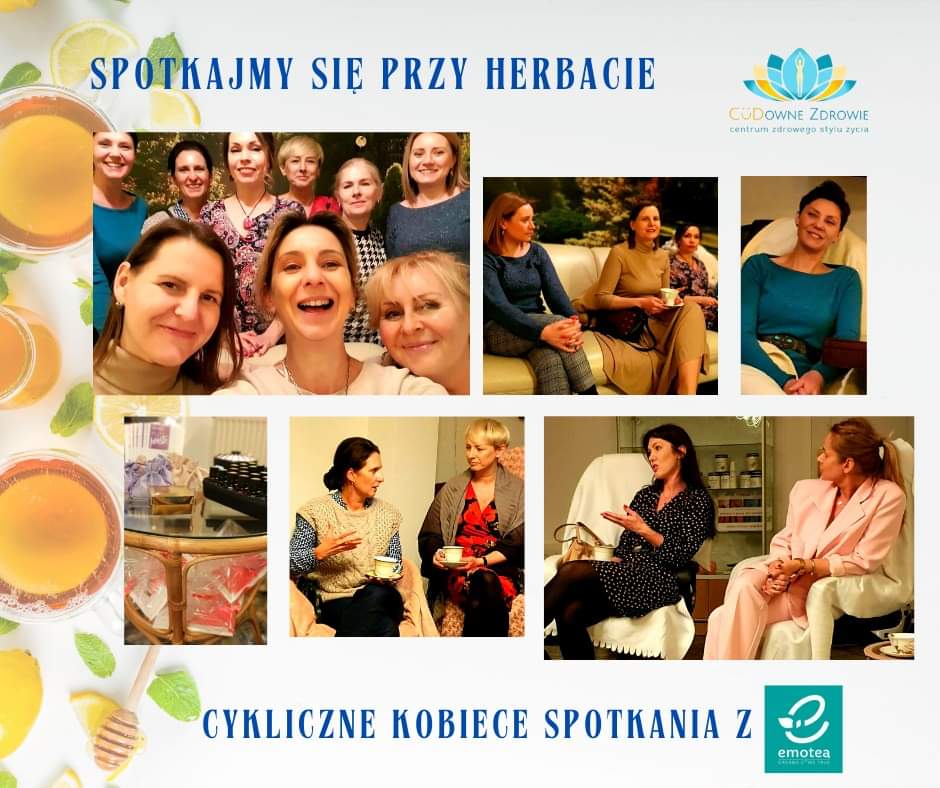spotkajmy się przy hernacie emotea w cudowne zdrowie zdjęcia kobiet uśmiechniętych odpoczywających pijących terbatę