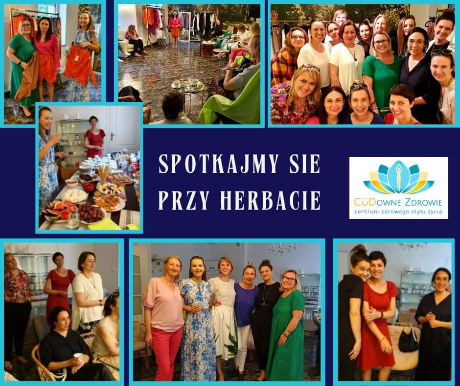 kolaż zdjęć z uśmiechniętymi kobietami przy herbacie emotea